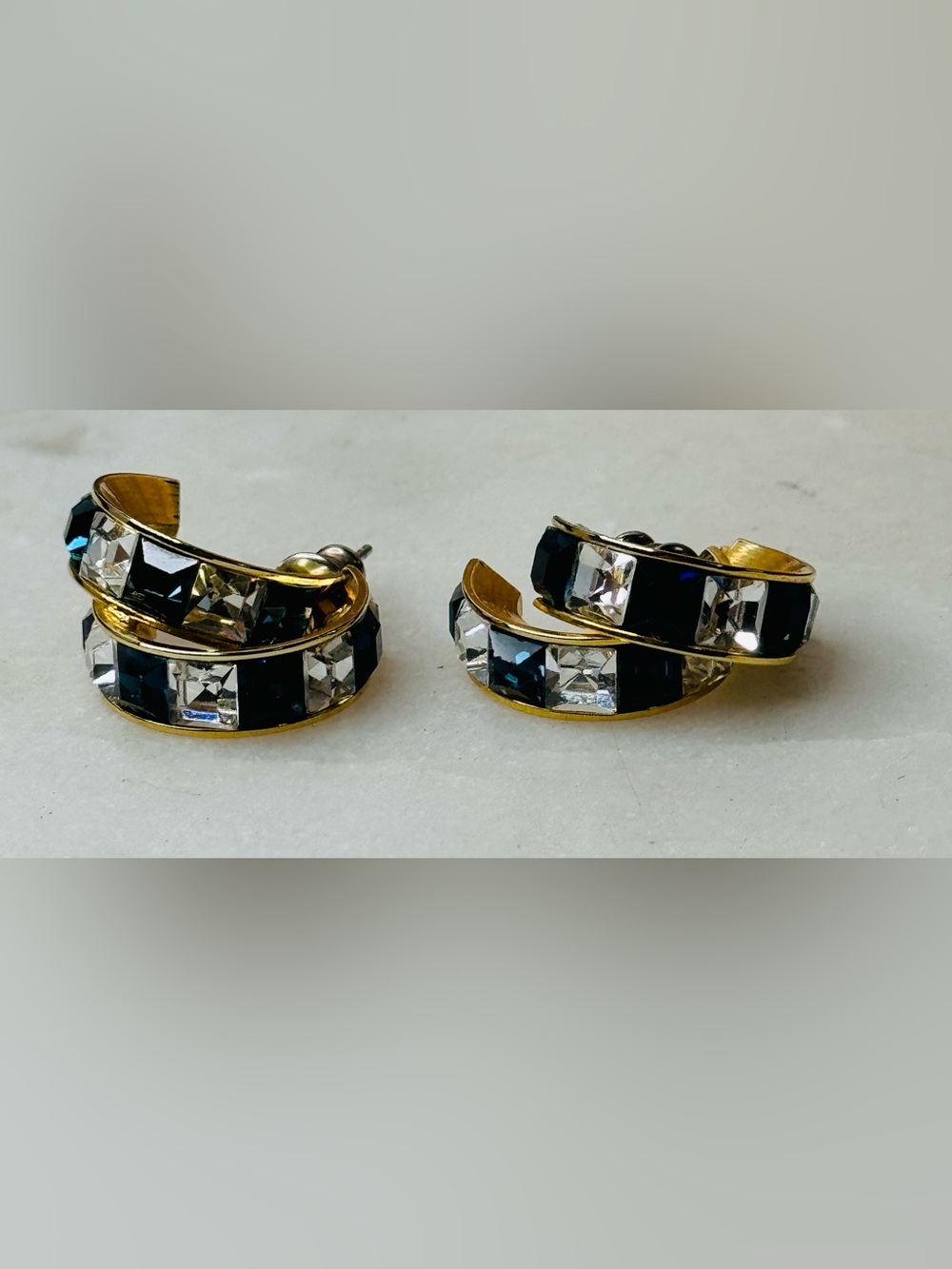 Gold-Tone Blue & Clear Crystal Double Hoop Earrings - Picture 5 of 7